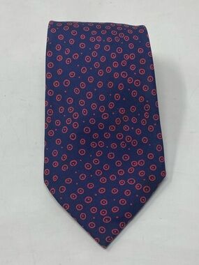 HERMES Logo Silk Tie in Dark Blue with Red Circles 7847 FA